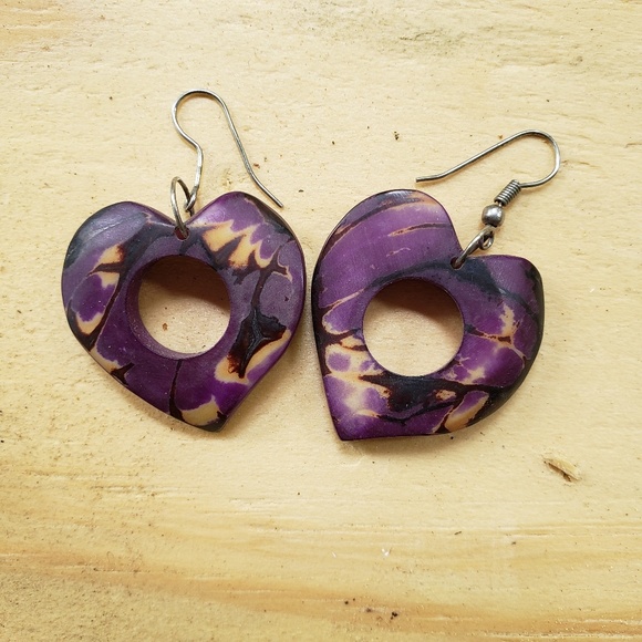 Jewelry - Purple wood hand carved Heart earrings
